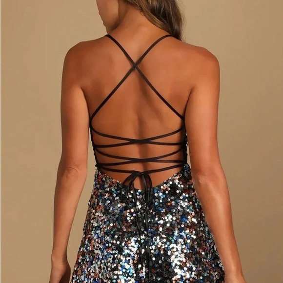 Lulu’s Dance Until Dawn Black Multi Sequin Lace-Up Mini Skater Dress Size XS - Picture 8 of 8
